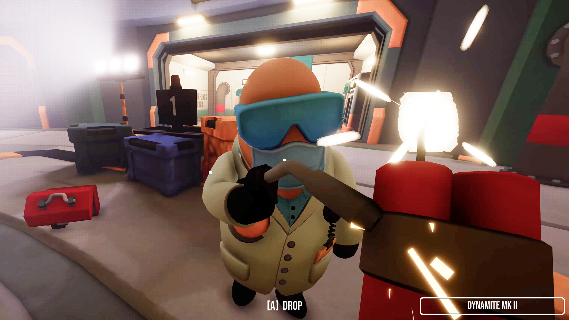 CRACK: a co-op worker in goggles and a lab coat in a storeroom, while the player holds a bundle of lit dynamite