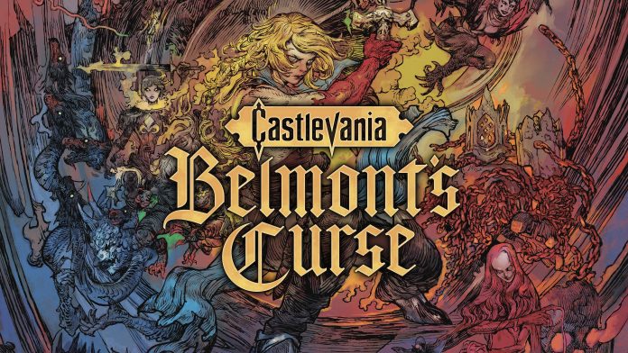 Castlevania Belmont's Curse key art. Image: Konami Castlevania: Belmont's Curse key art, the gold gothic logo surrounded by illustrated hunters and monsters in reds and blues