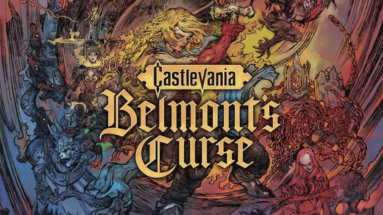 Castlevania: Belmont's Curse key art, the gold gothic logo surrounded by illustrated hunters and monsters in reds and blues