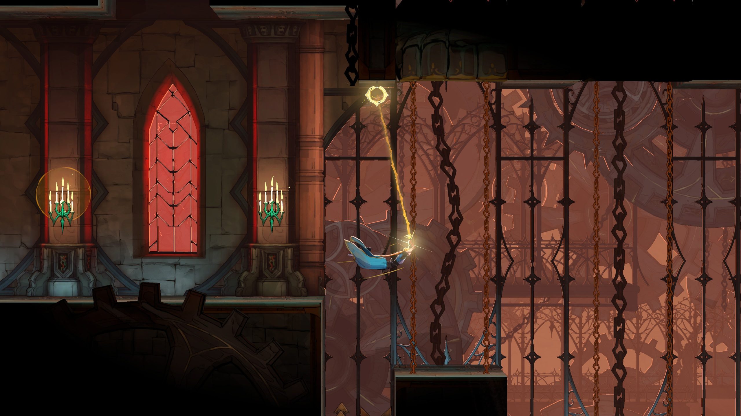 A small figure swinging from a whip anchored to a ceiling ring in a red-lit gothic castle interior hung with chains