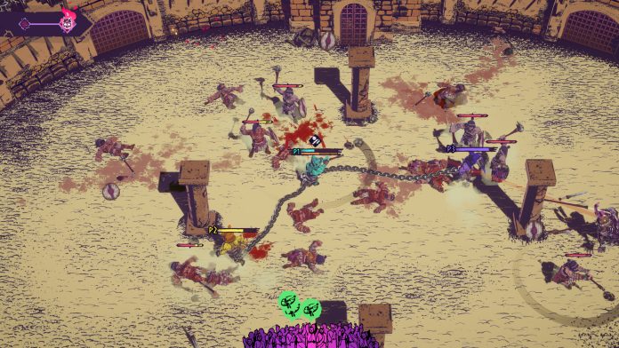 Chained Beasts: gladiators linked by a chain fight in a sand arena. Image: Featherweight Games