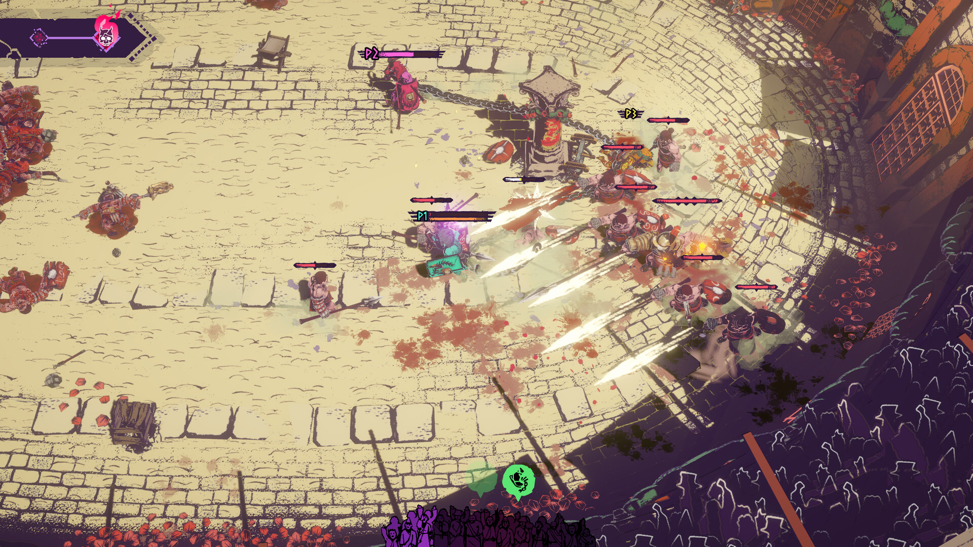An overhead view of a chained gladiator charging a group of enemies with white slashes across a cobbled arena floor, with a crowd in the shadows at the bottom right