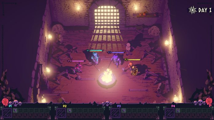 Four chained gladiator beasts in a torch-lit stone cell around a burning brazier on Day I in Chained Beasts