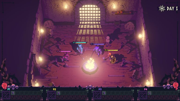 Four chained gladiator beasts in a torch-lit stone cell around a burning brazier on Day I in Chained Beasts
