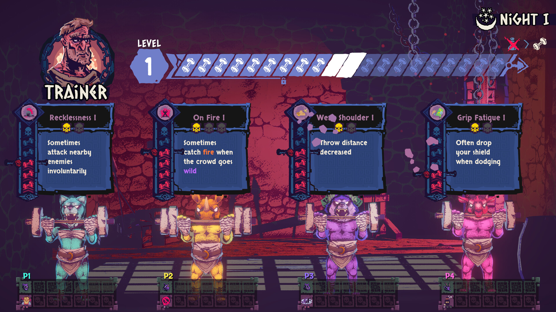 Four colourful beast gladiators lifting barbells on the Trainer screen, each with an affliction card, in Chained Beasts