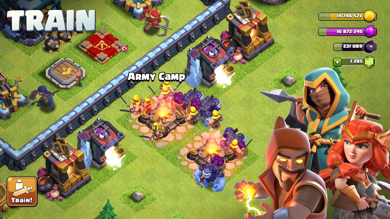 The Clash of Clans train screen, showing an army camp with a campfire and troops beside the base, with warrior characters in the corner.