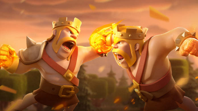 Two crowned, muscled Clash of Clans characters facing off, one with a glowing orange fist.
