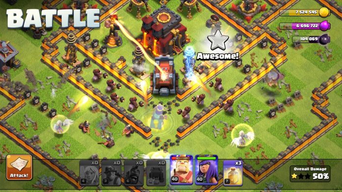 A Clash of Clans Battle screen showing troops attacking a village with lava-lined walls, a star and an Awesome message, with the heroes along the bottom.