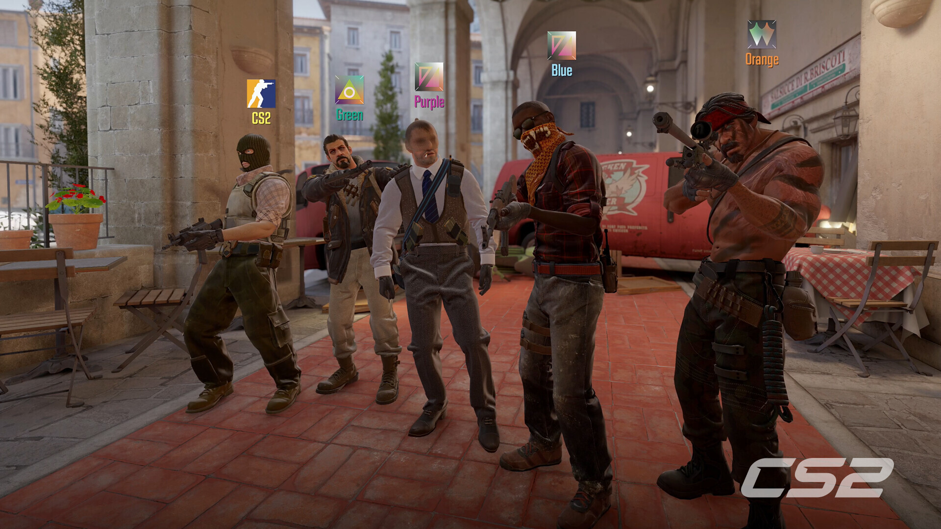 Five Counter-Strike 2 characters, including a sniper, standing in a tiled arcade of a Mediterranean-style village