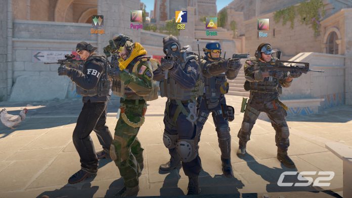 Five armoured Counter-Strike 2 characters lined up in a sunlit stone square, one wearing an FBI vest