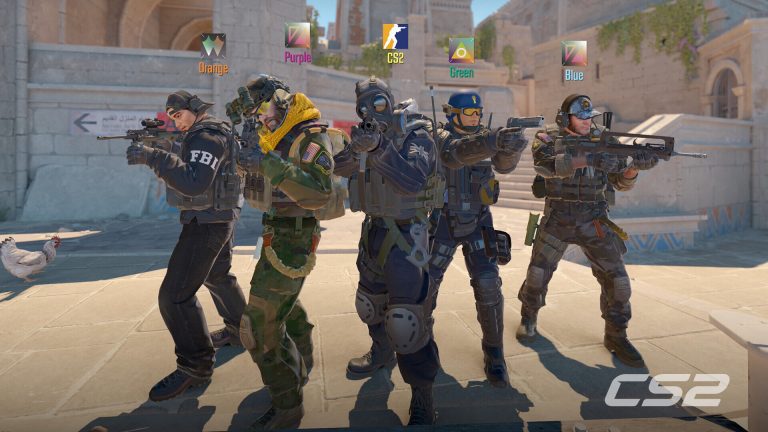 Five armoured Counter-Strike 2 characters lined up in a sunlit stone square, one wearing an FBI vest