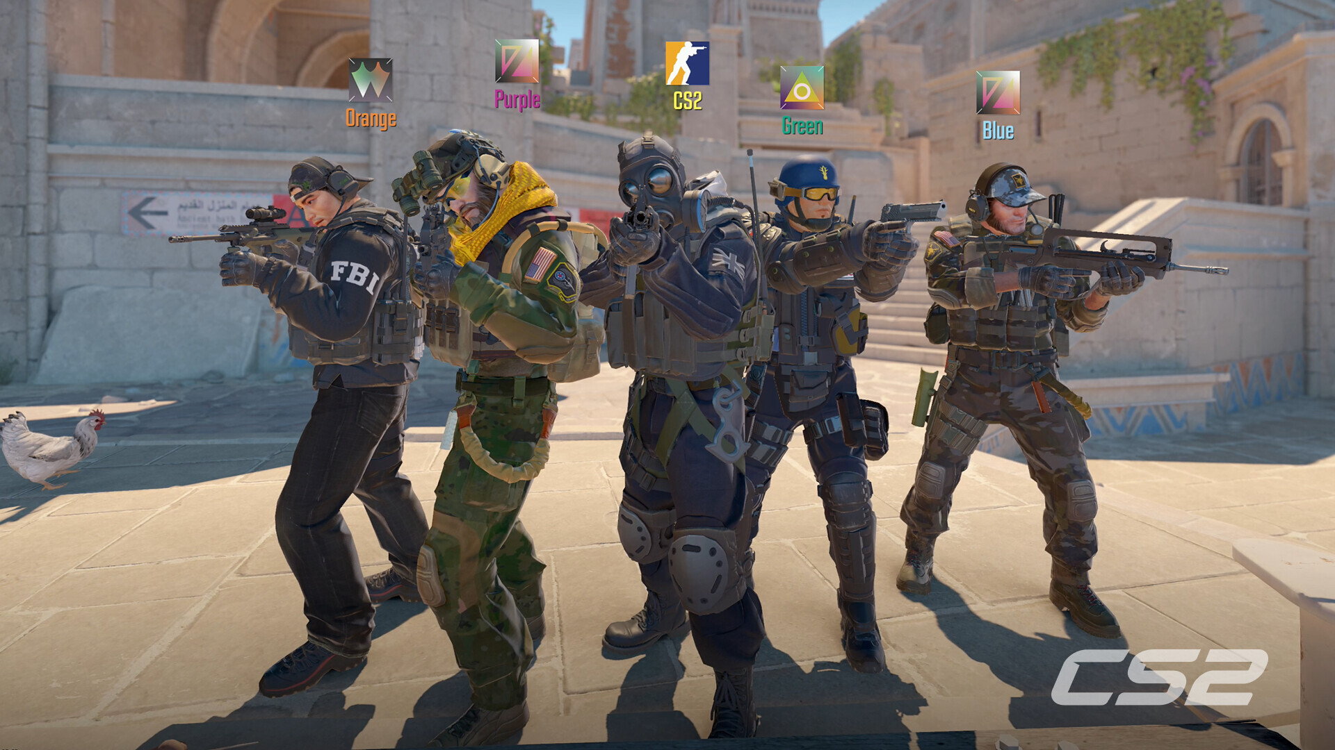 Five armed Counter-Strike 2 operators in tactical gear, including one in an FBI jacket and one in a gas mask, standing together in a stone courtyard with a chicken at the edge of the frame.
