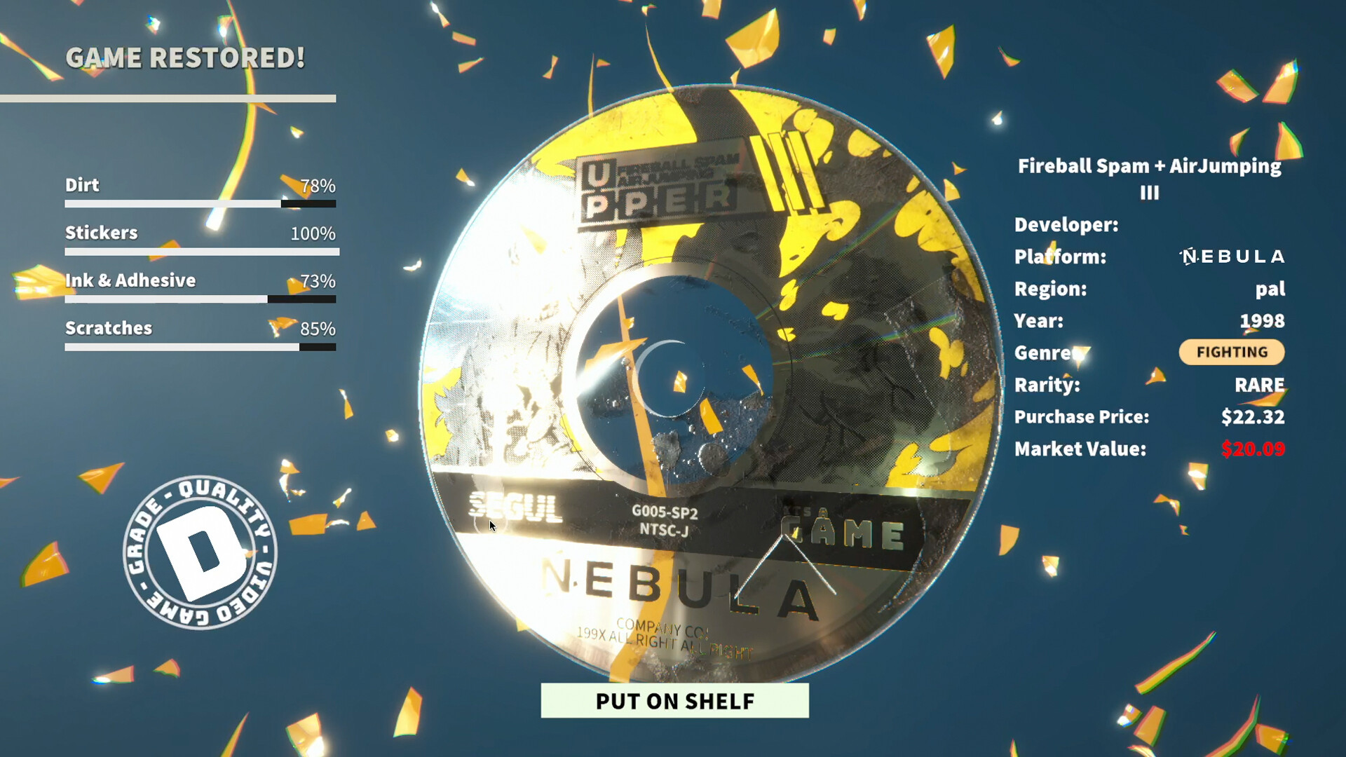 A Game Restored screen shows a shiny disc with dirt, sticker, ink and scratch percentages and a Put On Shelf button