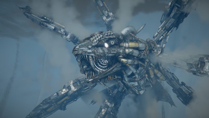 A huge mechanical dragon with long metal limbs flies through a cloudy sky in Crimson Desert