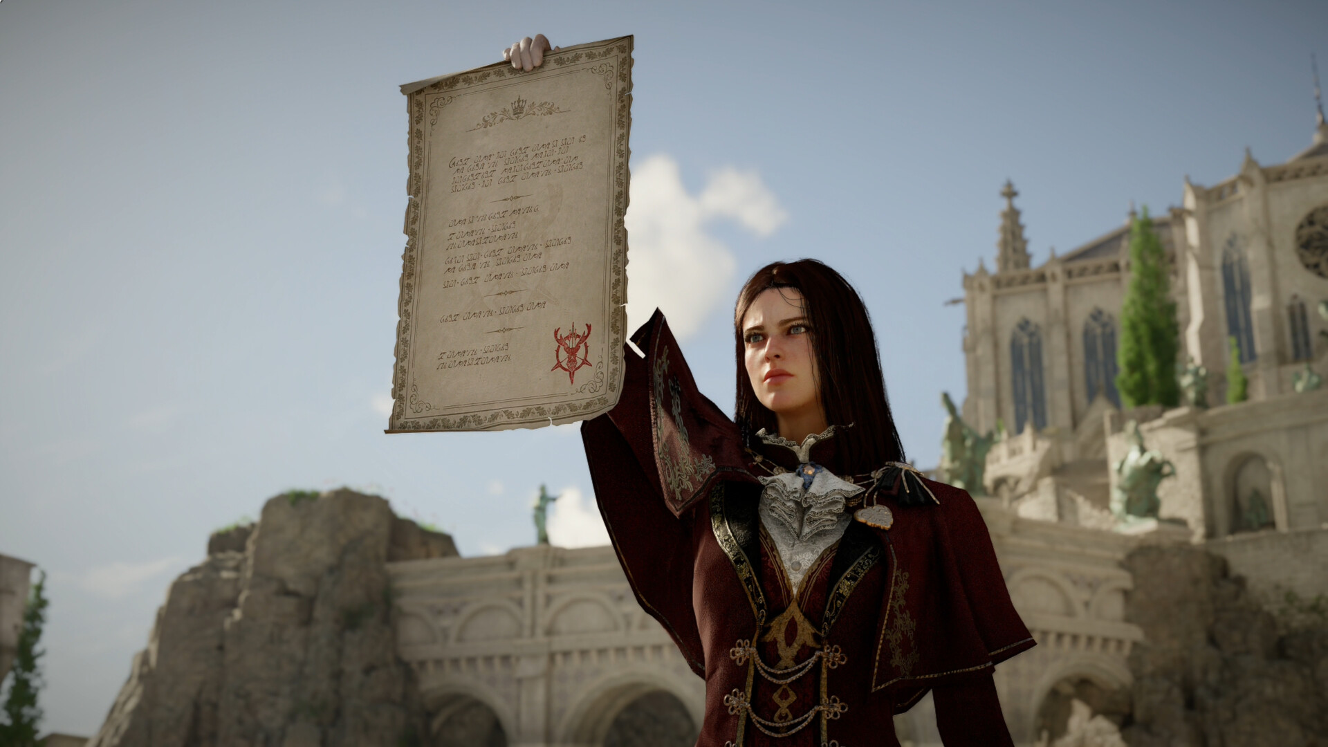 A dark-haired woman in a red coat holds up a sealed parchment in front of a stone castle in Crimson Desert