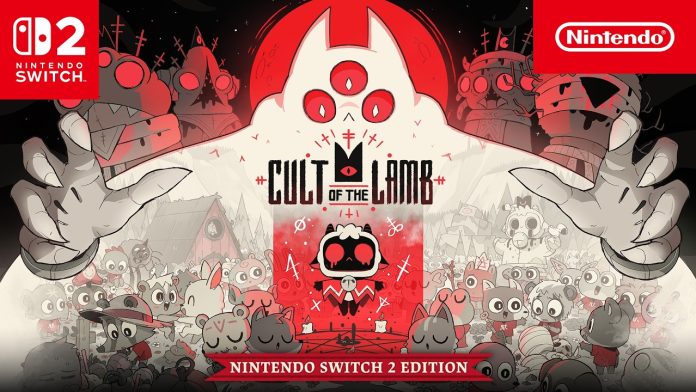 Cult of the Lamb Nintendo Switch 2 Edition artwork, with the lamb at the centre of a black, white and red illustration and the Switch 2 and Nintendo logos in the corners.