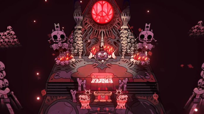 The lamb in Cult of the Lamb standing before a skull-and-bone altar lit by red candles under a large red stained-glass window