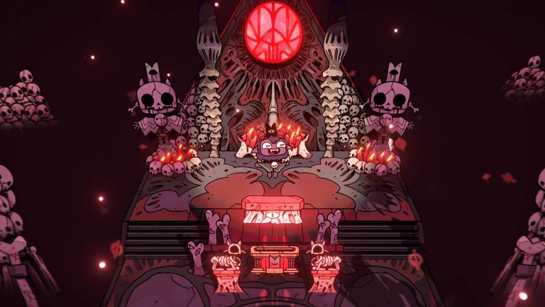 The lamb in Cult of the Lamb standing before a skull-and-bone altar lit by red candles under a large red stained-glass window