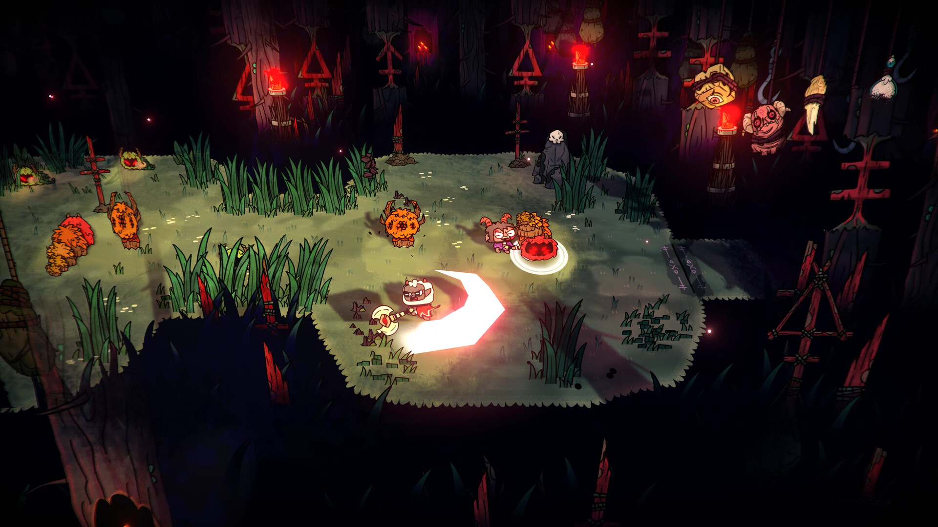 The lamb swinging an axe at pumpkin-headed enemies in a dark forest clearing in Cult of the Lamb