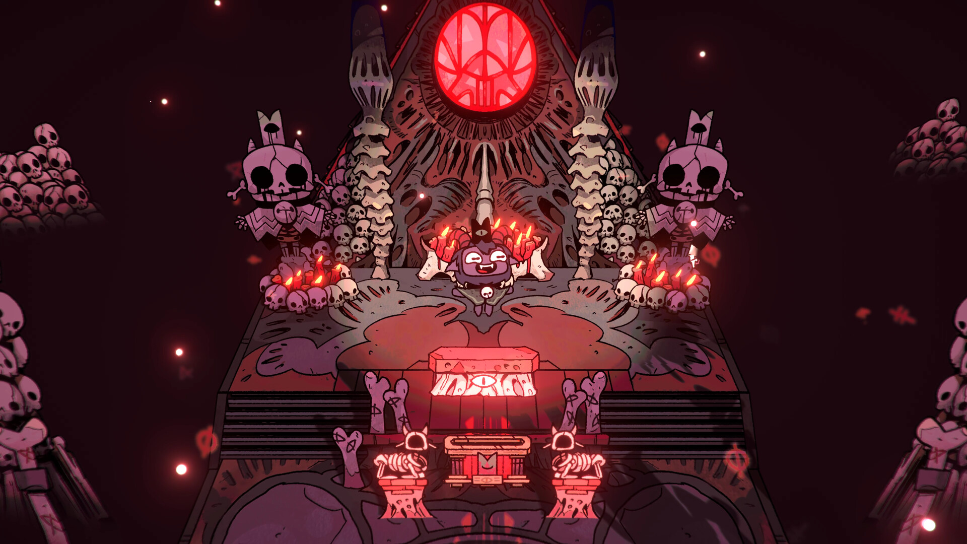 A red-lit shrine stands at the top of steps flanked by skull statues in Cult of the Lamb.