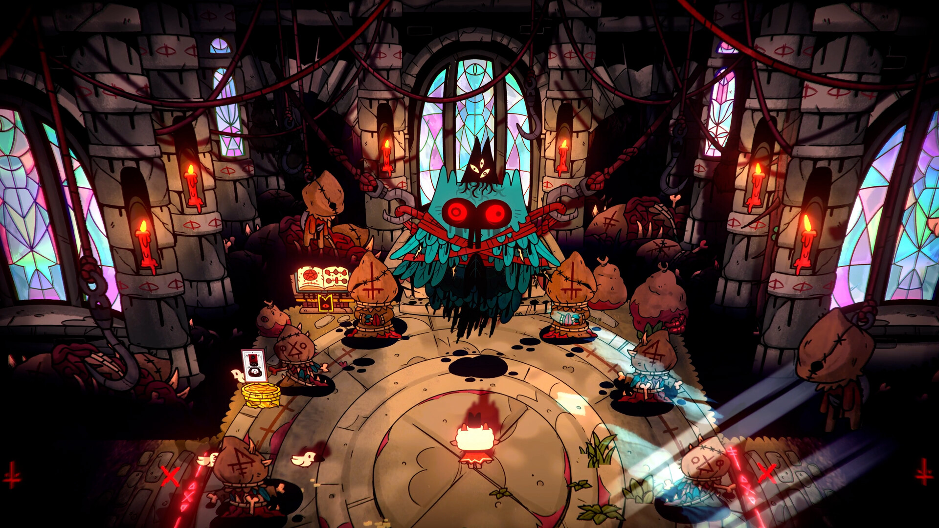 A large teal owl-like figure bound in red ropes in a stained-glass chapel, with hooded followers gathered around a ritual circle in Cult of the Lamb
