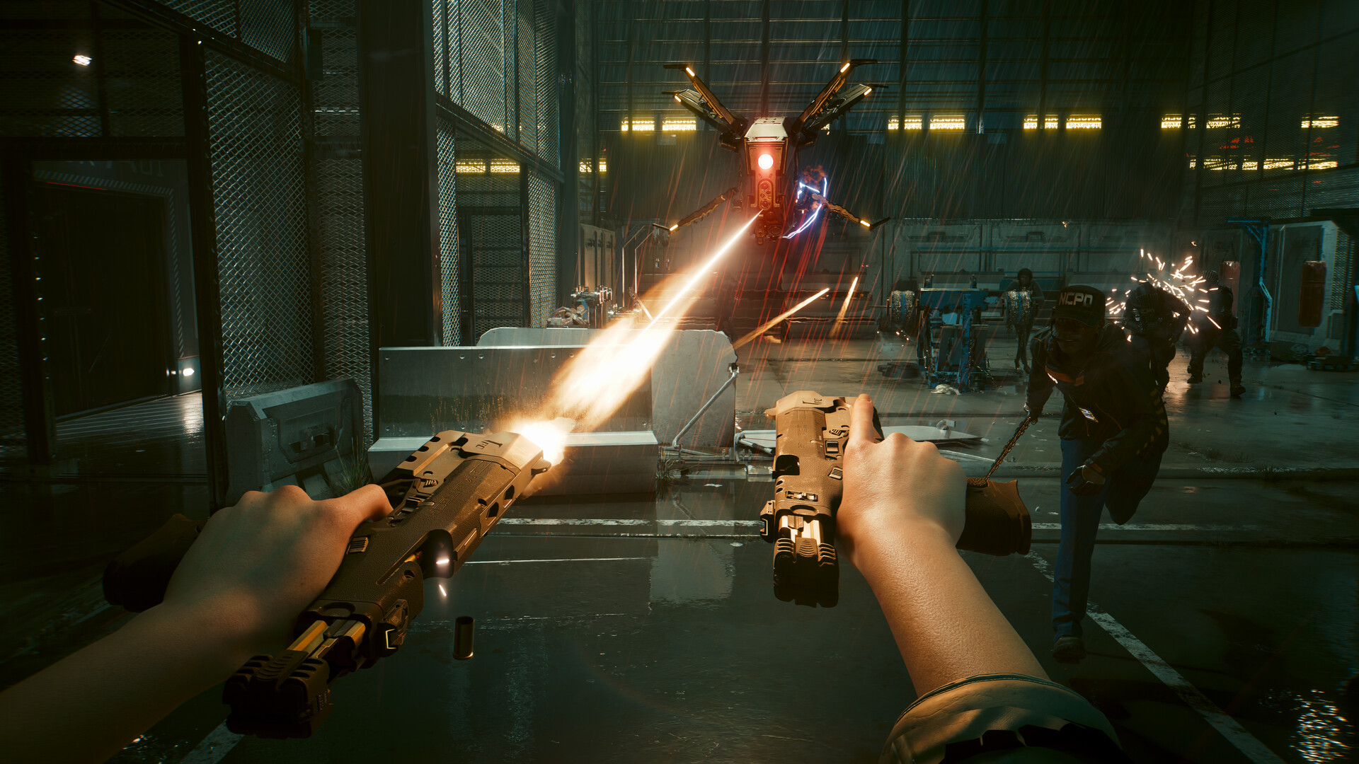Cyberpunk 2077 first-person view of two pistols firing at a drone and enemies in a rainy hangar