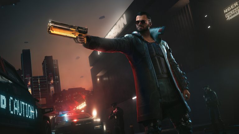 A Cyberpunk 2077 screenshot of a man in a long dark coat and round sunglasses pointing a gold revolver, with NCPD vehicles and officers behind him at night.