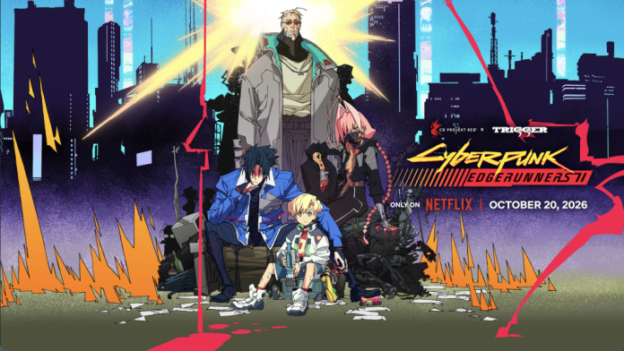 Cyberpunk Edgerunners 2 key art. Image CD Projekt Red Cyberpunk: Edgerunners 2 key art showing the new cast in front of a Night City skyline, with the Netflix date of 20 October 2026