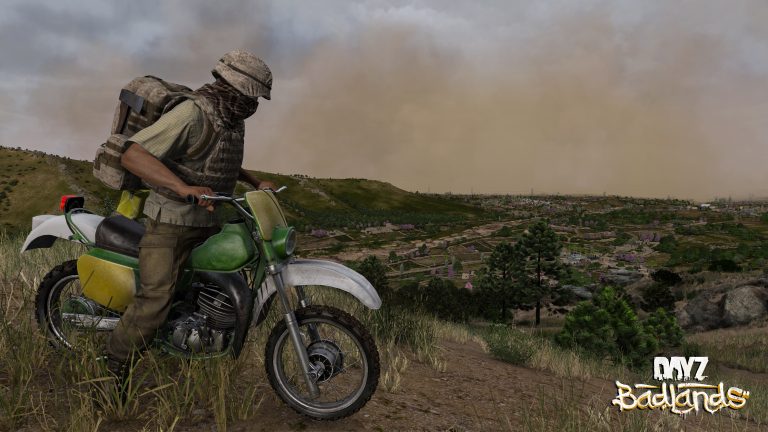 A survivor in a helmet and plate carrier sits on a green motorbike on a hillside, looking across a valley toward a wall of brown dust.