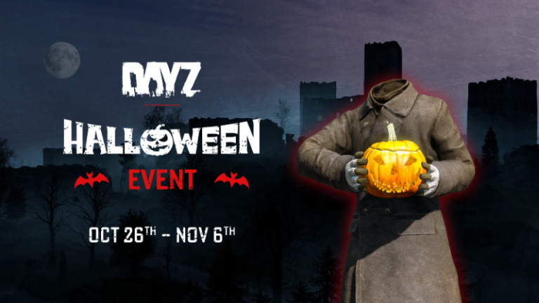 DayZ Halloween Event banner reading Oct 26th to Nov 6th, with a headless figure in a coat holding a carved pumpkin beside a ruined castle at night.