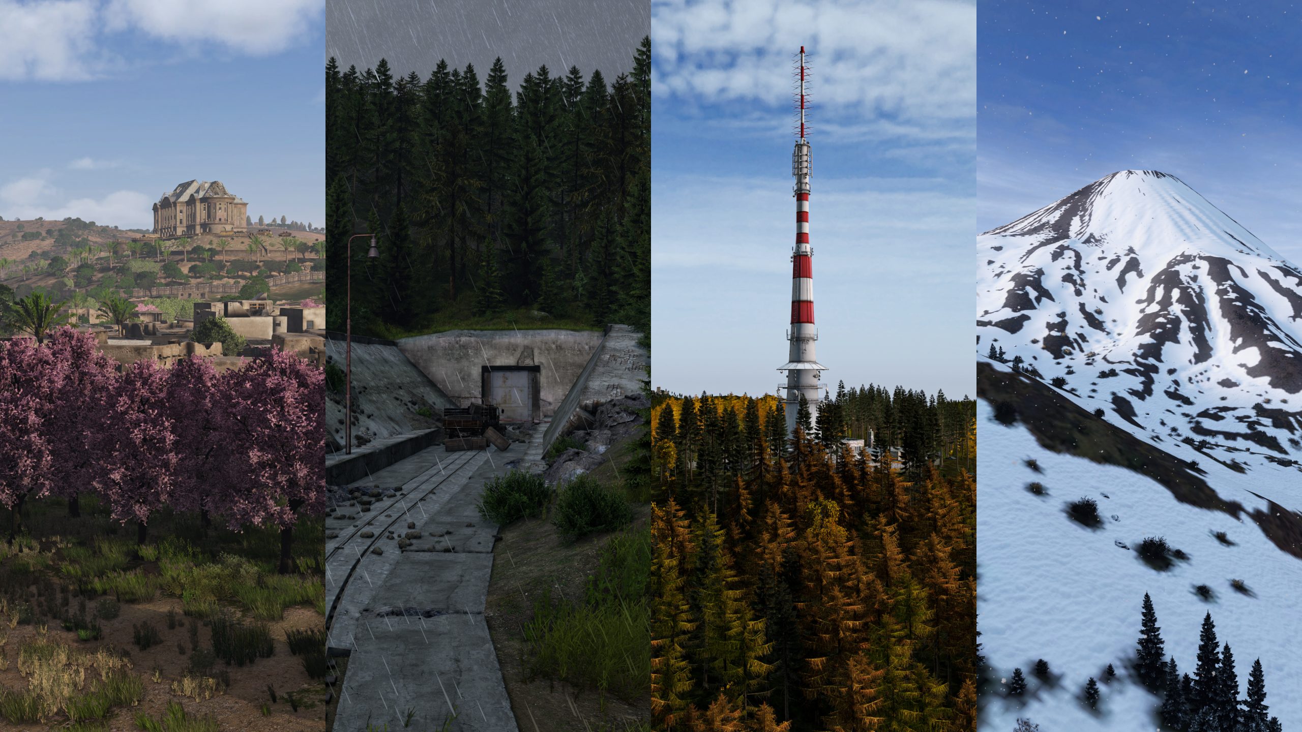 Four vertical strips of DayZ terrain: a hilltop mansion behind blossom trees, a rain-soaked bunker entrance, a red and white radio tower in autumn forest, and a snowy mountain.