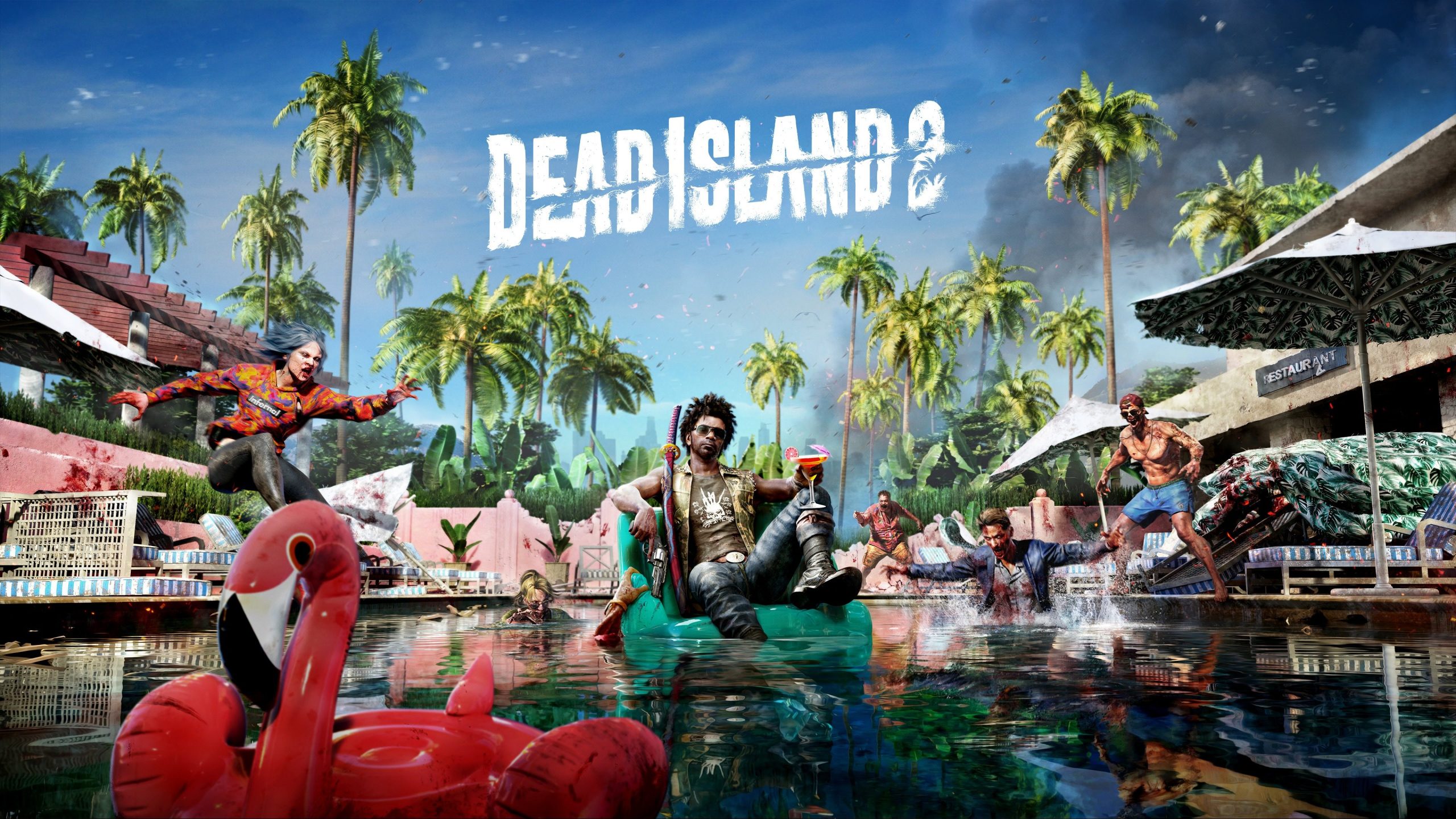 Dead Island 2 key art of survivors fighting zombies around a palm-lined pool with a flamingo float
