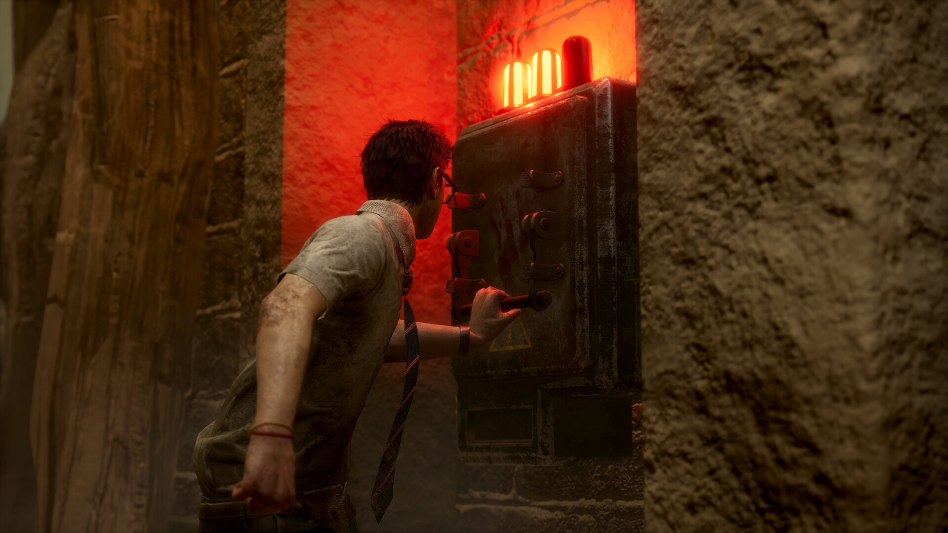A Survivor in a shirt and tie works on a generator under a red light in Dead by Daylight