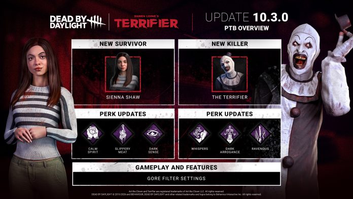 Dead by Daylight Terrifier Update 10.3.0 PTB overview. Image Behaviour Interactive Dead by Daylight Update 10.3.0 PTB overview art showing Sienna Shaw, Art the Clown as The Terrifier, perk updates and gore filter settings