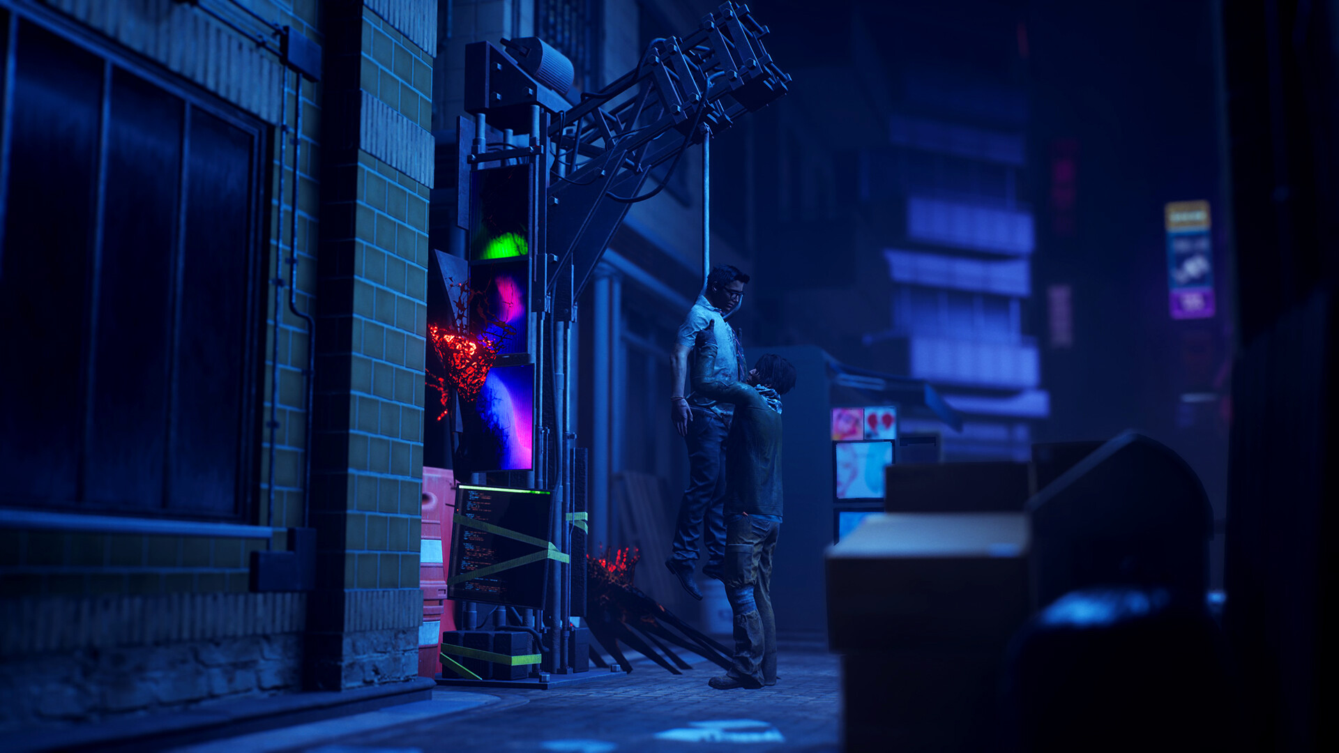 A figure stands in a dark blue-lit alley beside a flickering neon sign in Dead by Daylight