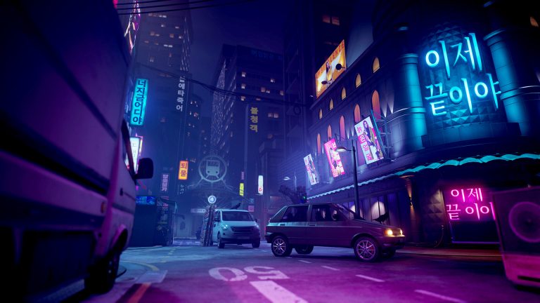 A neon-lit night street with Korean signage and a parked car in Dead by Daylight