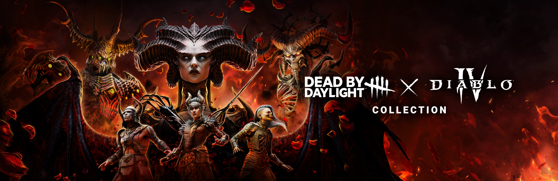 A wide banner for the Dead by Daylight and Diablo IV Collection showing Lilith and two winged demons above three Diablo IV characters, with the Dead by Daylight and Diablo IV logos on the right.