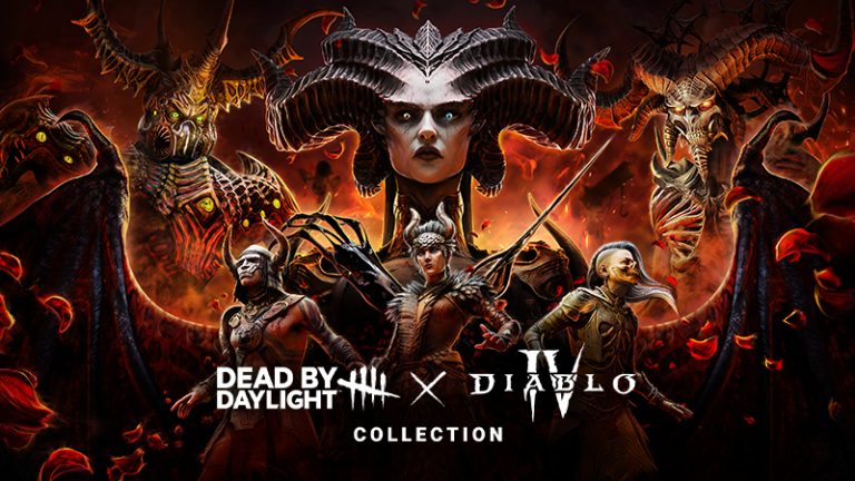 Key art for the Dead by Daylight and Diablo IV Collection, with Lilith, horned with a pale face, above three armoured Diablo IV characters in front of two winged demons and drifting red petals.