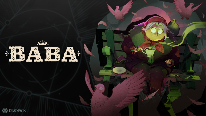 Baba, an old woman in a red headscarf and green glasses, sits on a park bench surrounded by pink pigeons beside the word BABA