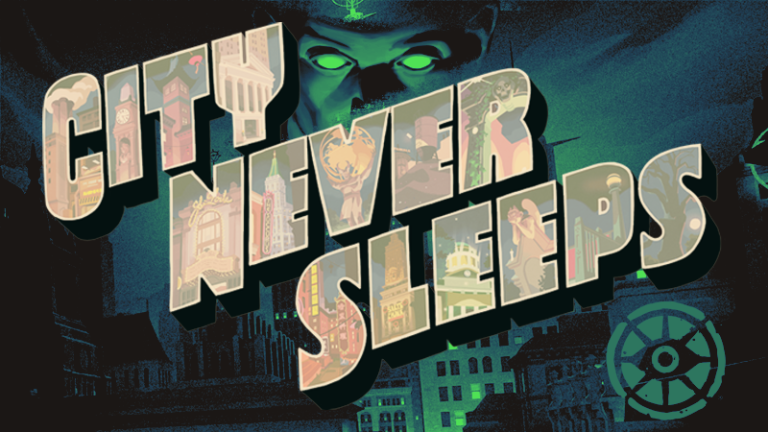 City Never Sleeps lettering in a vintage postcard style over a green-lit night city