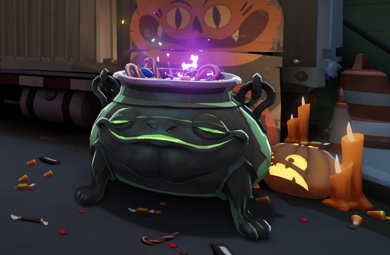 A grinning black cauldron full of glowing purple candy sits among candles and a carved pumpkin on a street in Deadlock