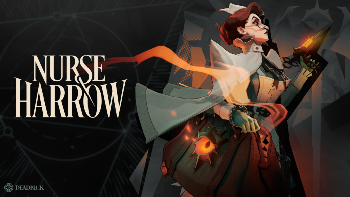 Deadlock key art for Nurse Harrow: a nurse in a grey-green coat and white cap holding a glowing orange syringe, with a medical bag marked by a glowing eye, beside the name Nurse Harrow.