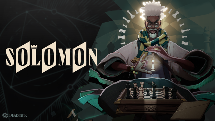 Key art of Solomon, a white-haired man in a striped scarf holding a glowing chess king above a chessboard, beside the name Solomon