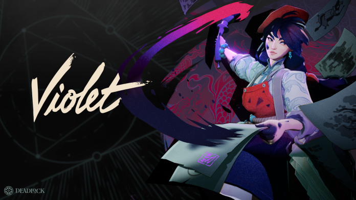Key art of Violet from Deadlock: a painter in a red beret and apron swinging a brush that trails a sweeping stroke of pink and purple ink, with her name in cream brush lettering on the left.