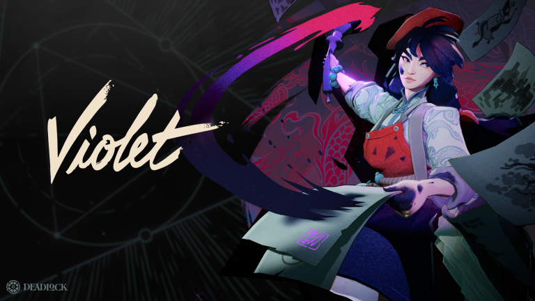 Key art of Violet from Deadlock: a painter in a red beret and apron swinging a brush that trails a sweeping stroke of pink and purple ink, with her name in cream brush lettering on the left.