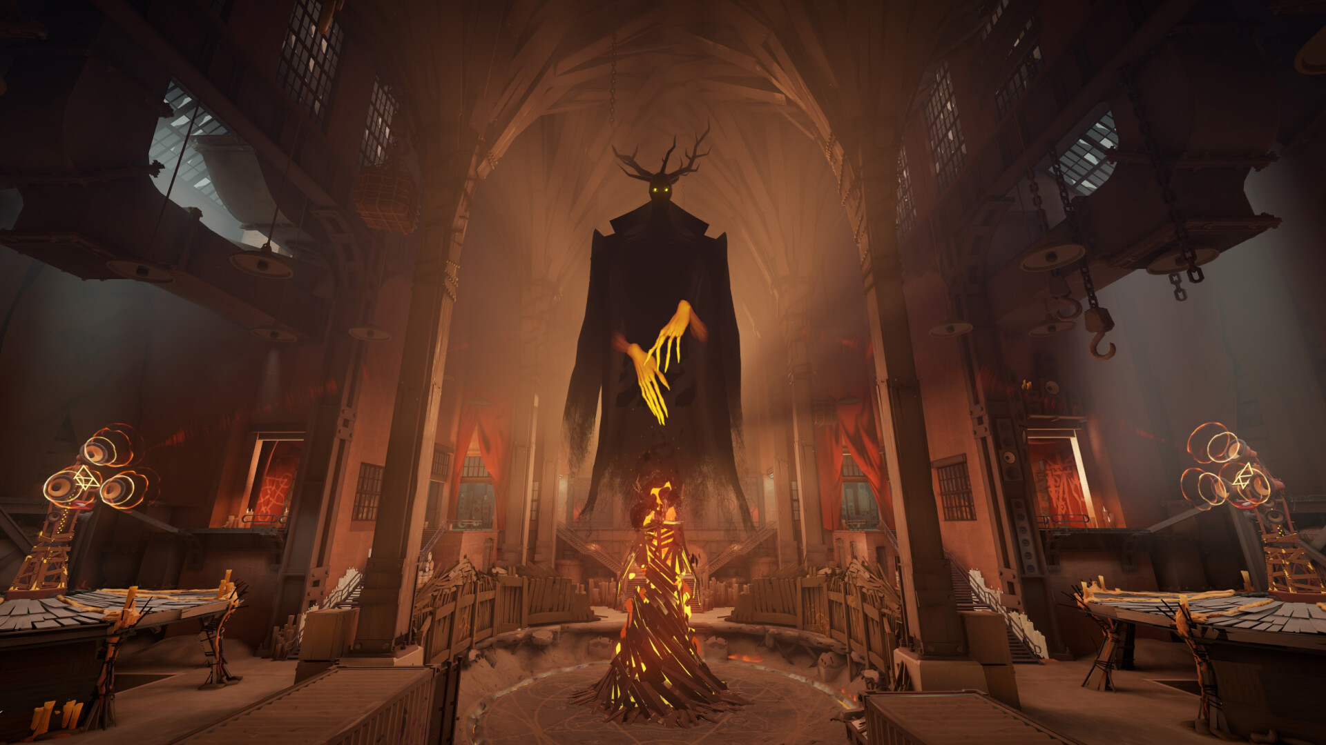 A towering antlered statue looms over a candlelit hall in Deadlock