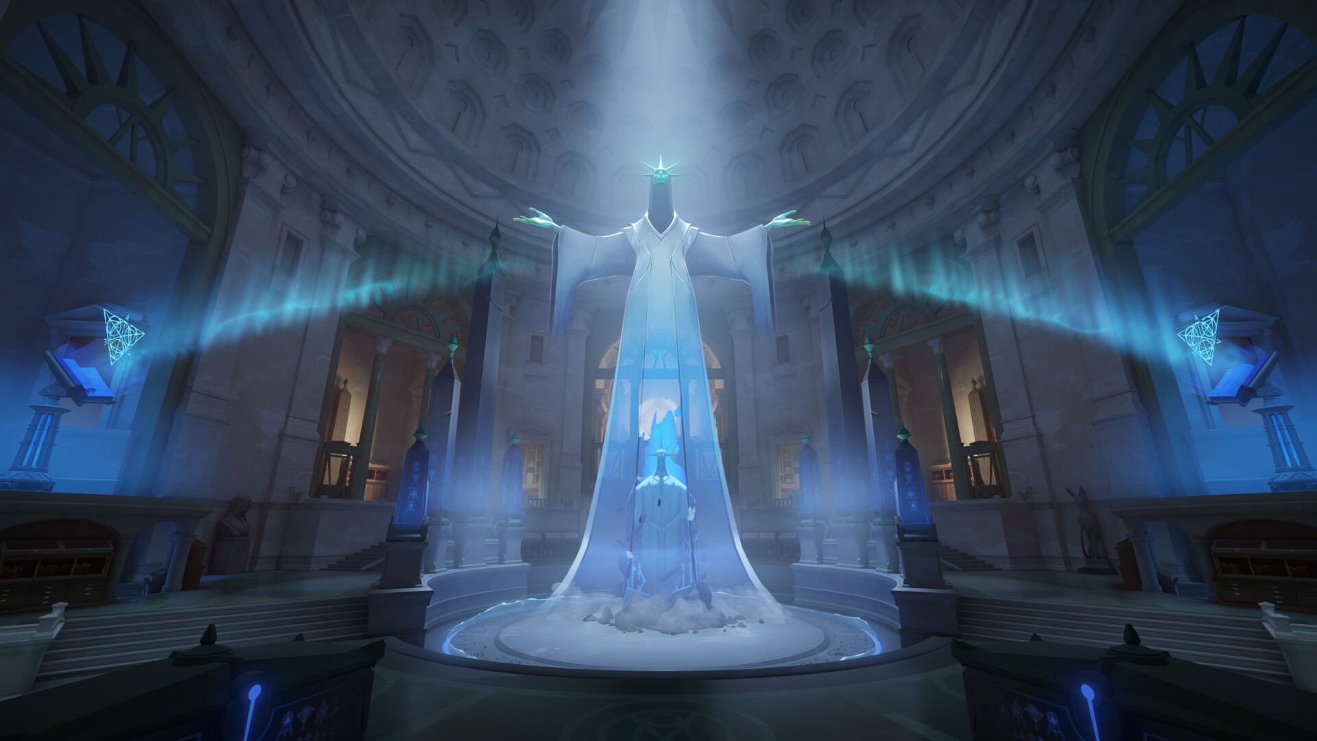 A tall glowing blue figure with outstretched arms stands under a beam of light in a domed stone hall
