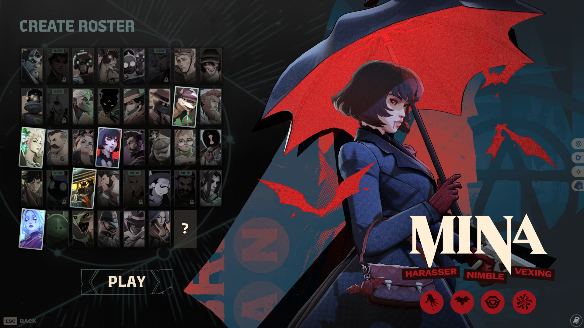 Deadlock's roster screen, with a grid of hero portraits beside the hero Mina holding a red umbrella