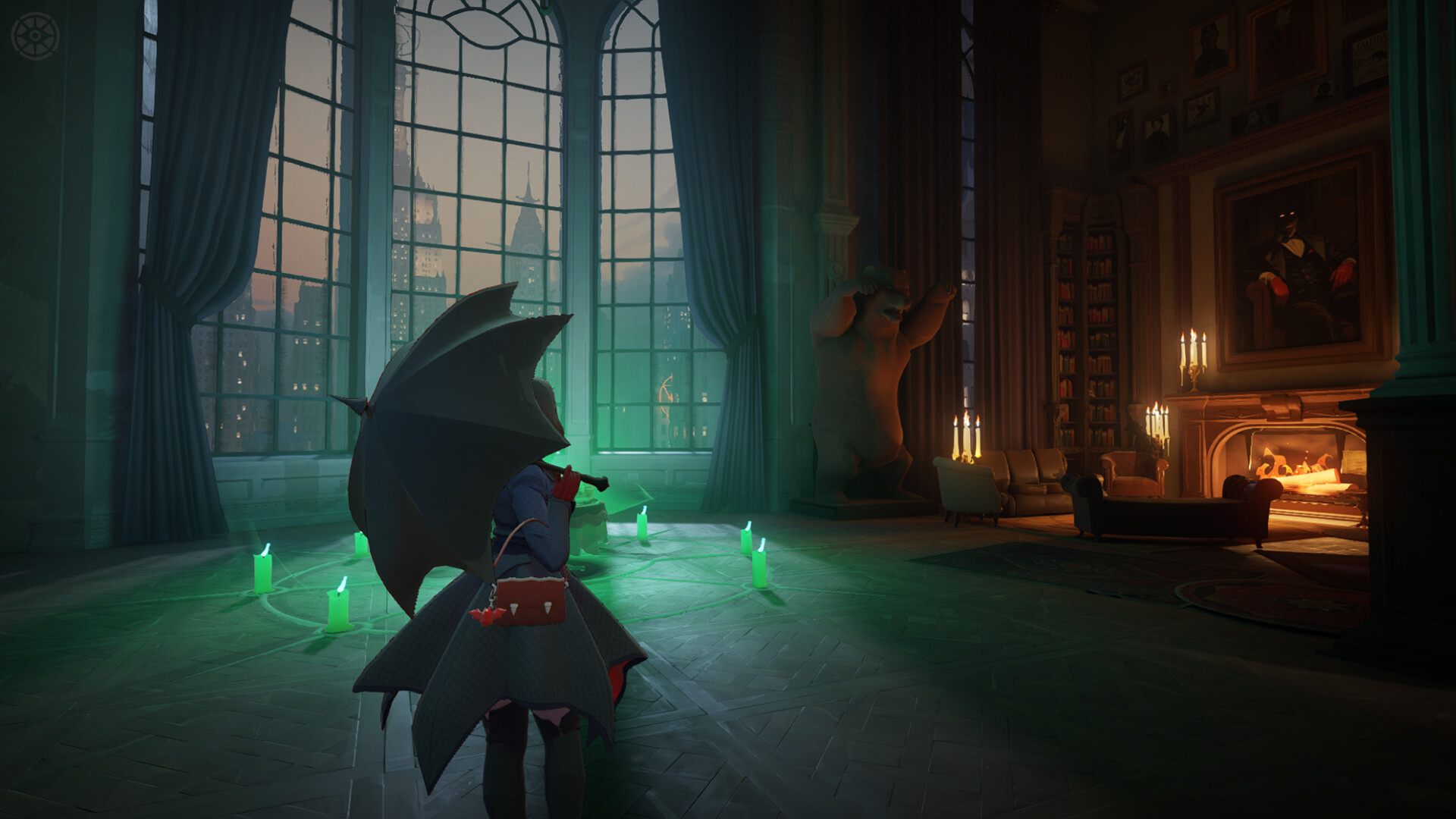 A Deadlock hero in a long coat stands in a dim library lit by green crystals and a fireplace