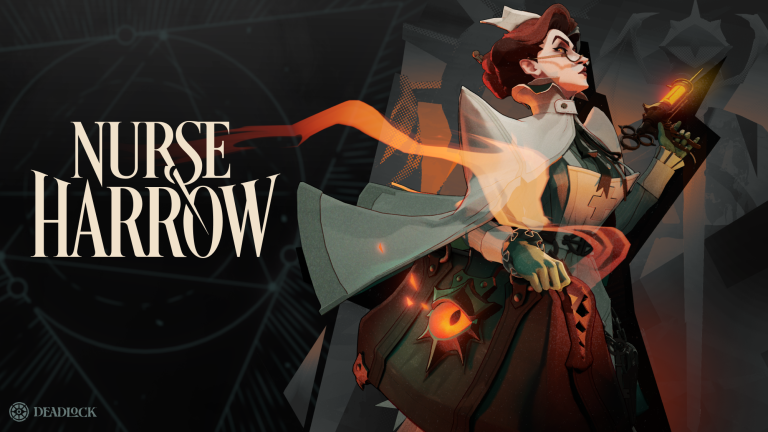 Key art of Deadlock's Nurse Harrow, a nurse in a pale coat holding a glowing syringe and a bag with an orange eye, beside the words Nurse Harrow.